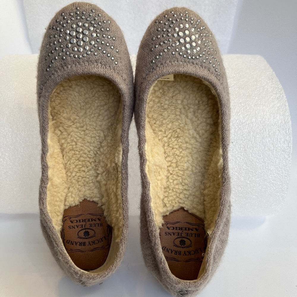 Lucky Brand Everett Flat Studded Slippers Faux Sherpa Gray Knit Size